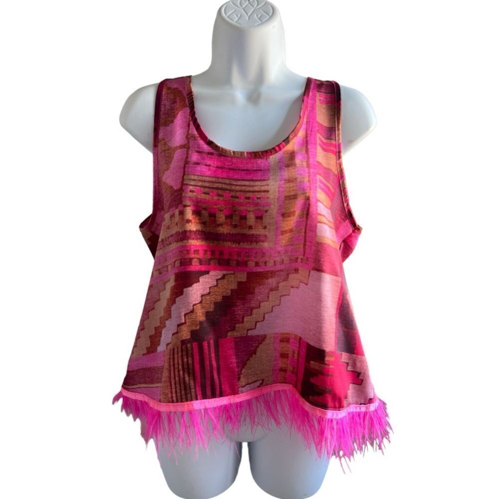 ZAHJR Feather Tank Top In Bright Fuchsia Color Abstract Printed In Size S